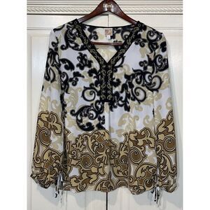 JM Collection‎ Blouse Women 14 Top Flowy Embroidered Trim Side Ties Colorful